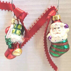 Set Lot Of 2 Vintage Mercury Glass Stocking Ornaments Santa Presents
